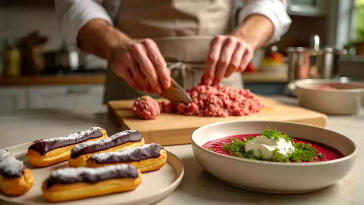 Päivän menu, 28. huhtikuuta: värikäs punajuurikeitto, turkkilaiset köfte ja suklaa éclairs