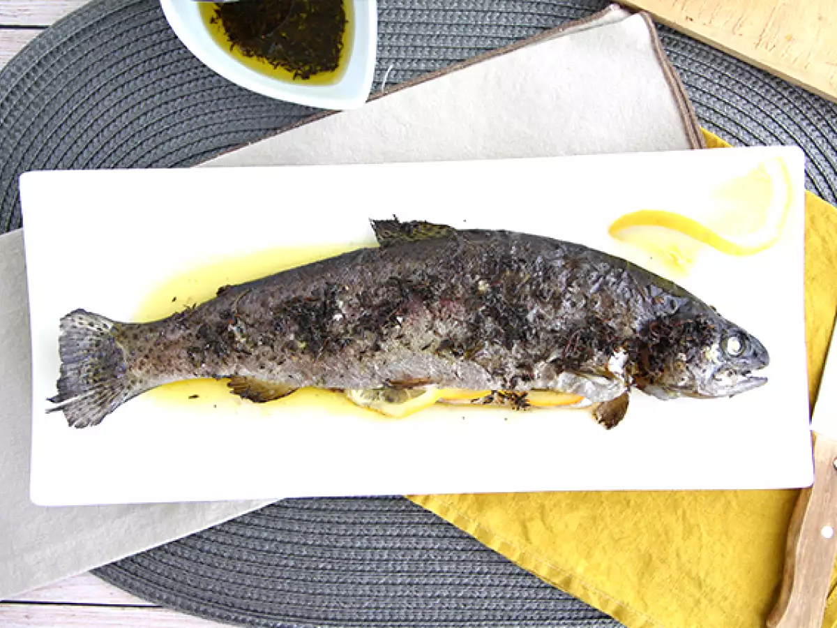 Resepti Uunissa paistettu taimen timjamin ja oliiviöljyn kera