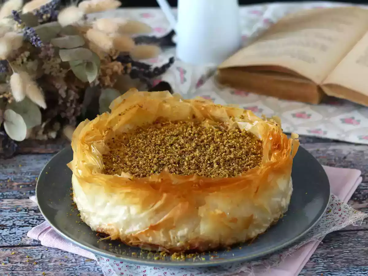 Baklava-tyylinen juustokakku pistaasipähkinöiden kanssa, rapea ja sulava